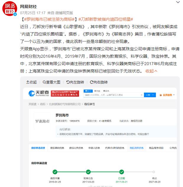 “羅剎海市”已被注冊為商標 2016年就被申請了